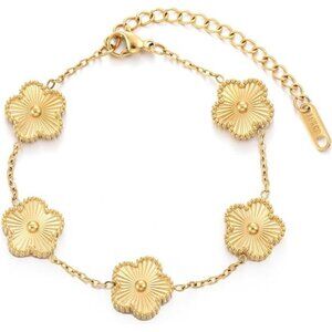 Four Leaf Clover Bracelet Womens 18k Gold Plated Stainless Steel Link Gift